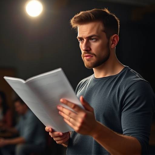 Schauspieler bereitet sich mit Textbuch in der Hand auf ein Vorsprechen vor.